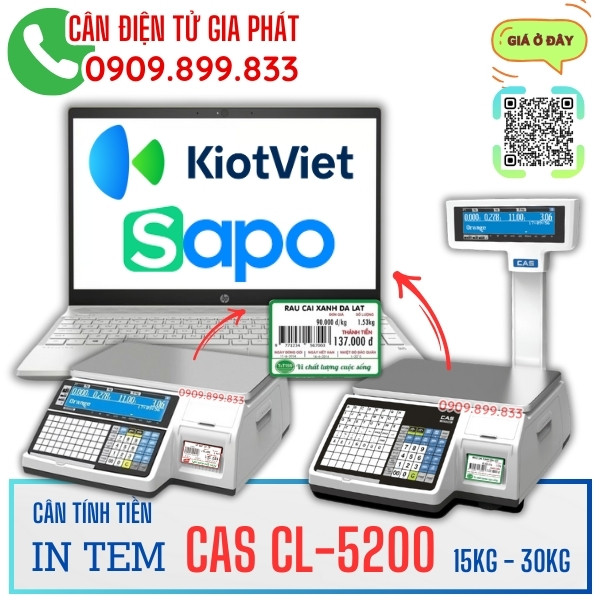 Cân điện tử Cas CL-5200 15kg 30kg in tem in mã vạch Sapo KiotViet