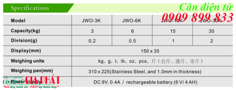 Cân điện tử Jadever JWO 3kg 6kg 15kg 30kg - Thông số kỹ thuật