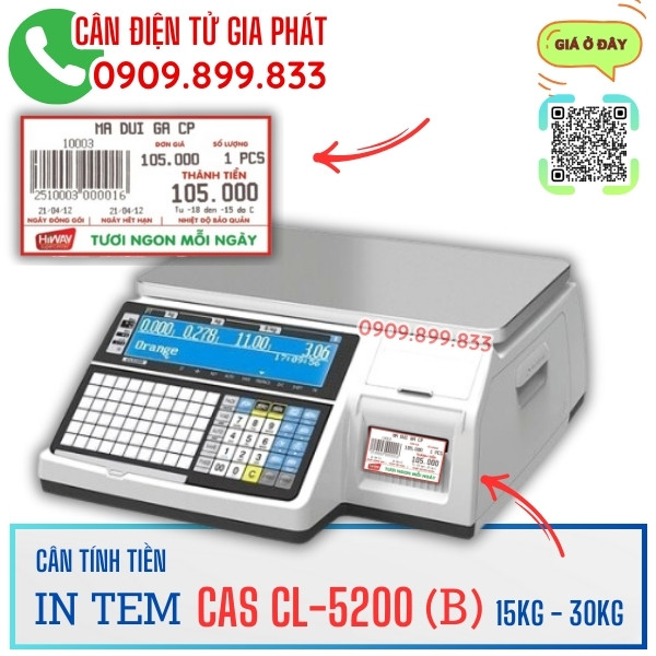 Cân điện tử Cas CL5200 15kg 30kg, cân điện tử in tem nhãn mã vạch